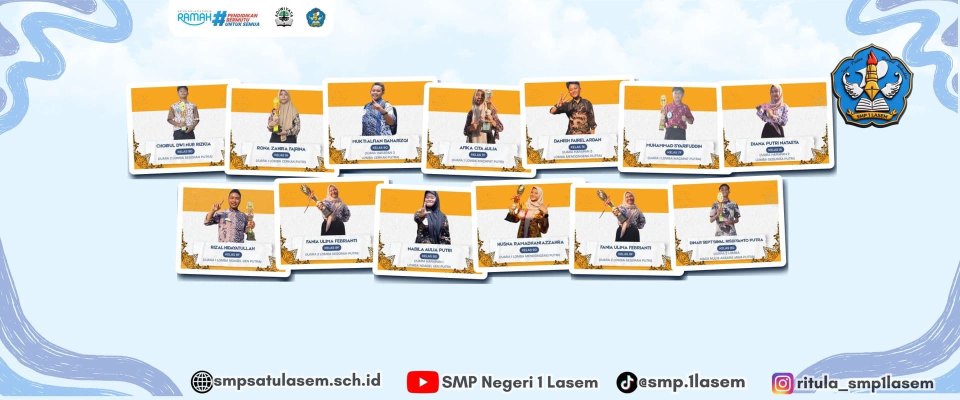 Tiga belas murid SMP Negeri 1 Lasem peraih juara Lomba Bahasa Jawa, lengkap dengan nama, kelas, dan cabang lomba masing-masing